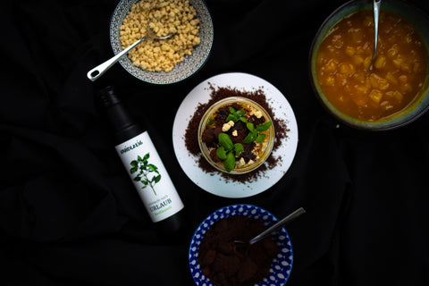 No-Bake Cheesecake im Glas mit Weißer Schokolade, Mango und Basilikum - Kraidlzeig